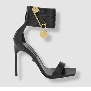 Black Versace rhinestone safety pin leather stiletto sandals